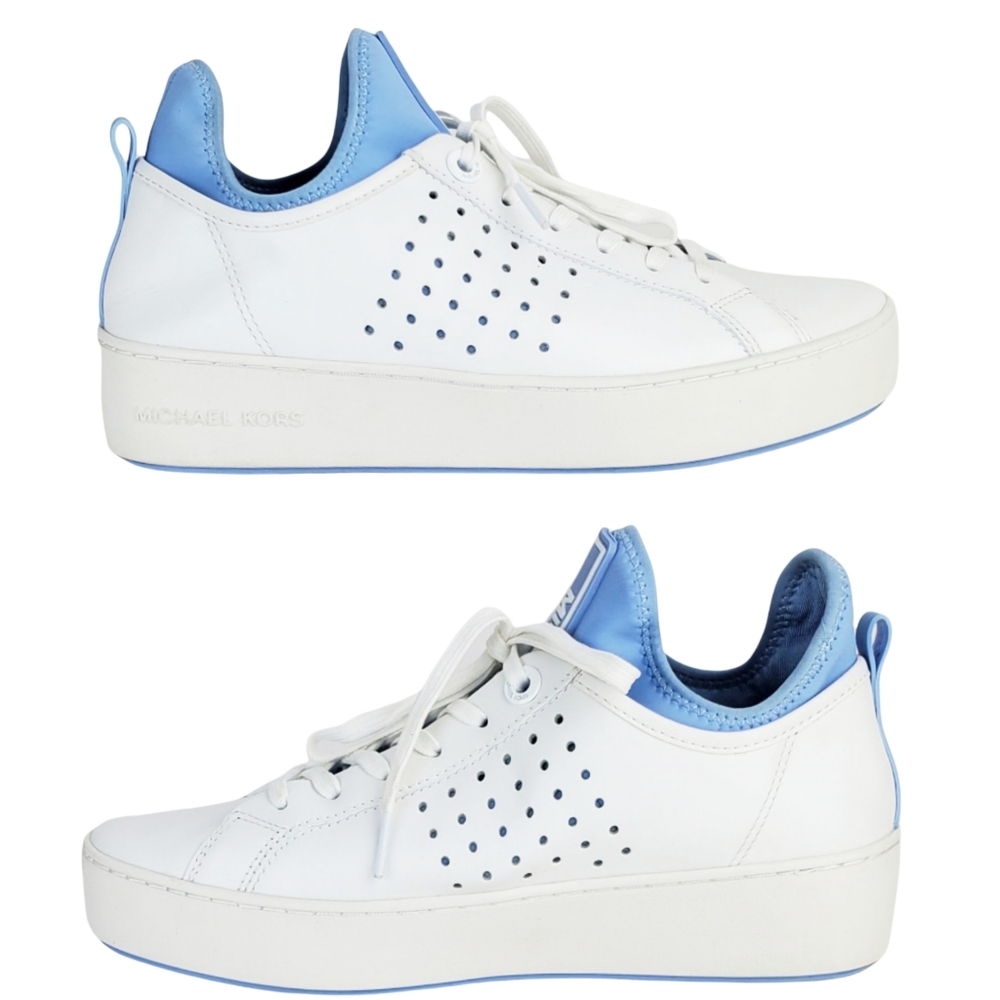 New Michael kors ace lace up lasered leather sneakers white pale blue - Picture 2 of 15